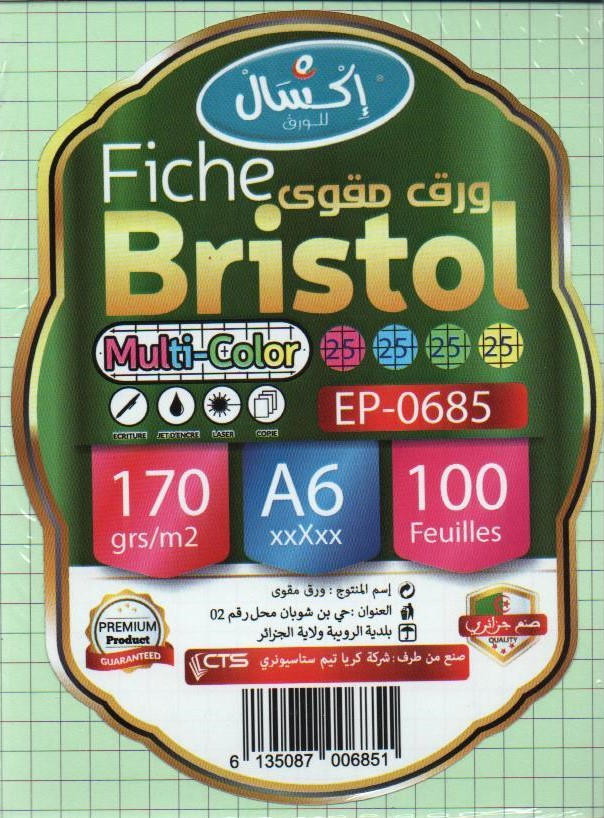 FICHE BRISTOL QUADRILLÉE A6 4 COULEURS 170g/m² 100F EXCELLES