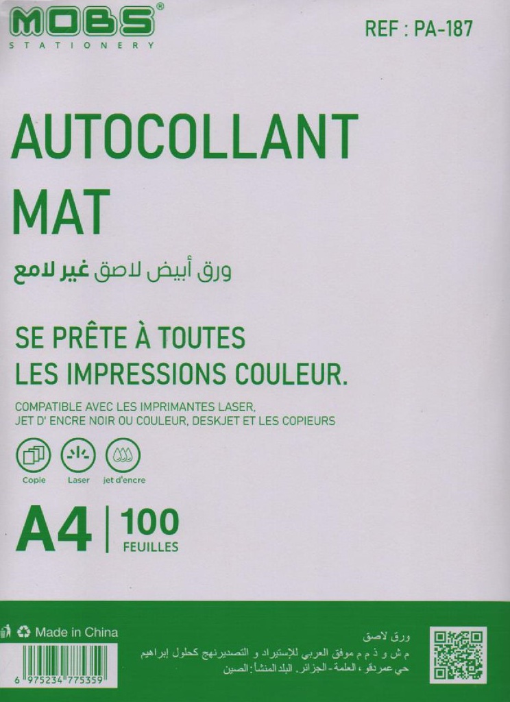 PAPIER AUTOCOLLANT A4 MAT 100F MOBS