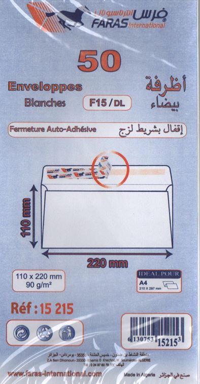  ENVELOPE F15/DL FARAS 11X22CM 90 G +WHITE +ADH -FEN X50