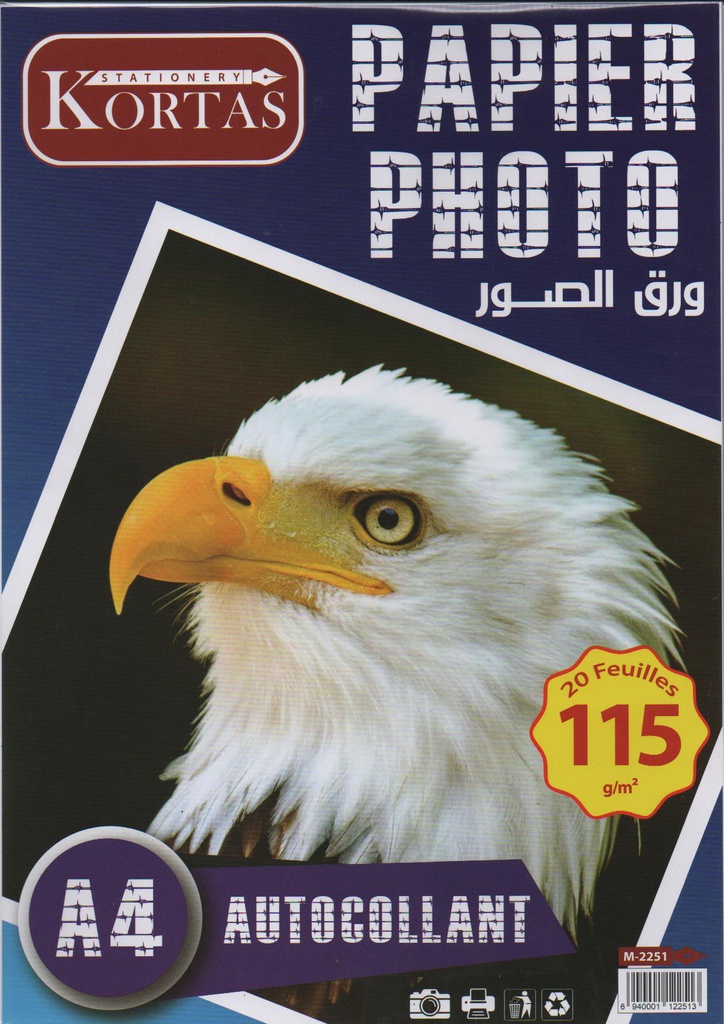 PAPIER PHOTO AUTOCOLLANT A4 115g 20F KORTAS