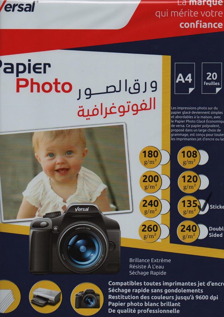 PAPIER PHOTO AUTOCOLLANT 135g A4 20F VERSAL