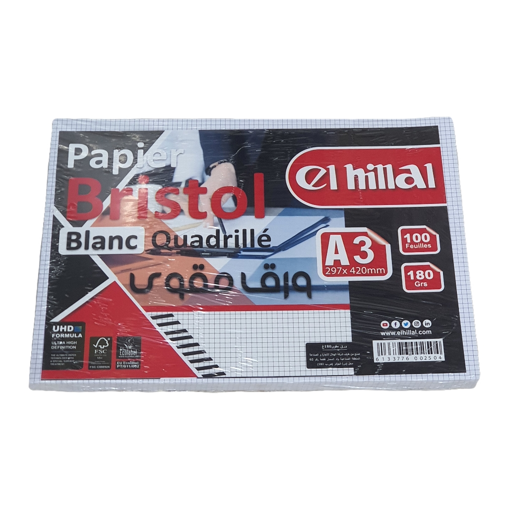 FICHE BRISTOL A3 QUADRILLÉ 180g/m² 50F EL-HILLAL