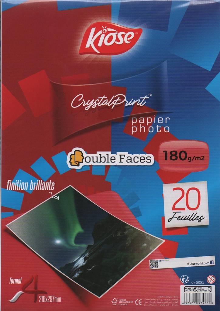 PAPIER PHOTO A4 180G DOUBLE FACES 20F KIOSE