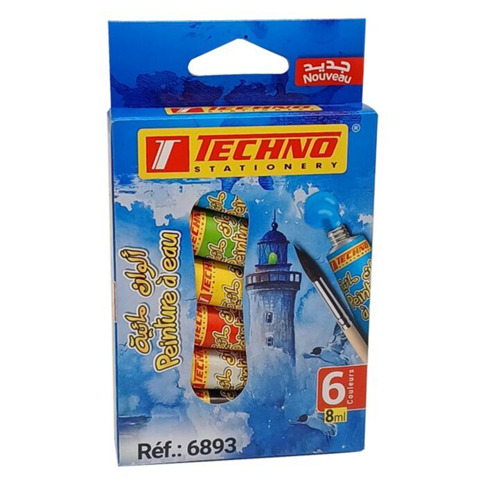 PEINTURE A EAU BOITE DE 6 COULEURS x 8ml TECHNO