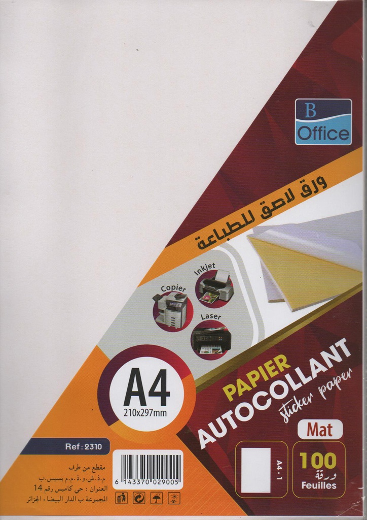 PAPIER AUTOCOLLANT A4 MAT 100F B-OFFICE