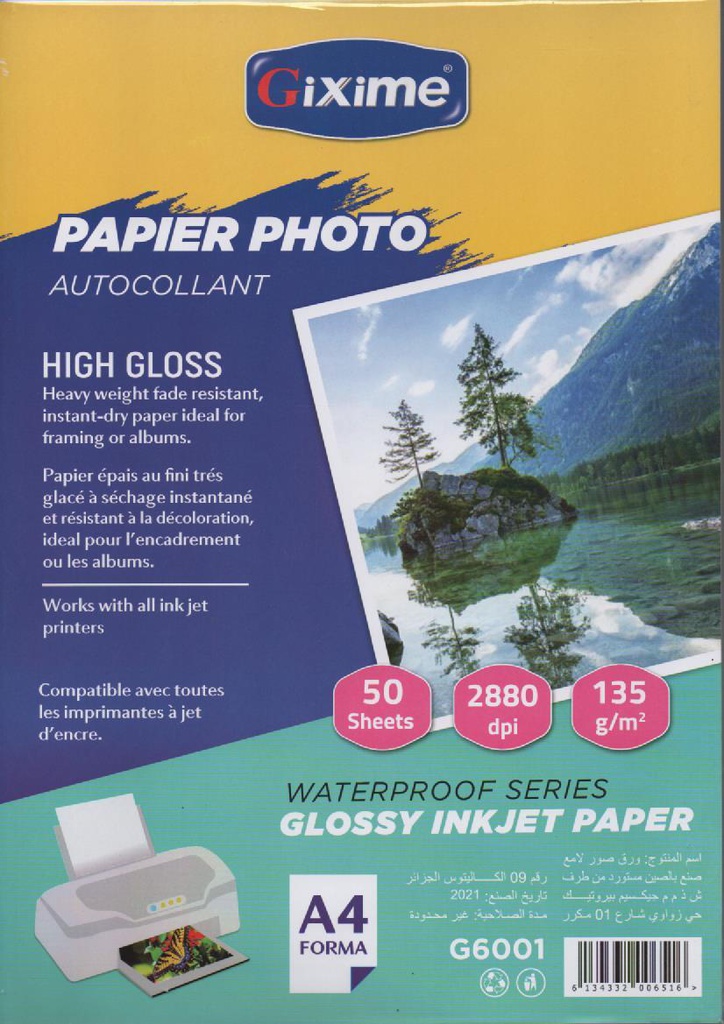 PAPIER PHOTO AUTOCOLLANT A4 135g 50F GIXIME