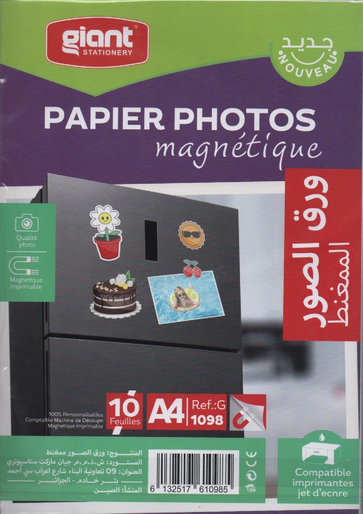 PAPIER PHOTO MAGNETIQUE BLANC IMPRIMABLE A4 10F GIANT