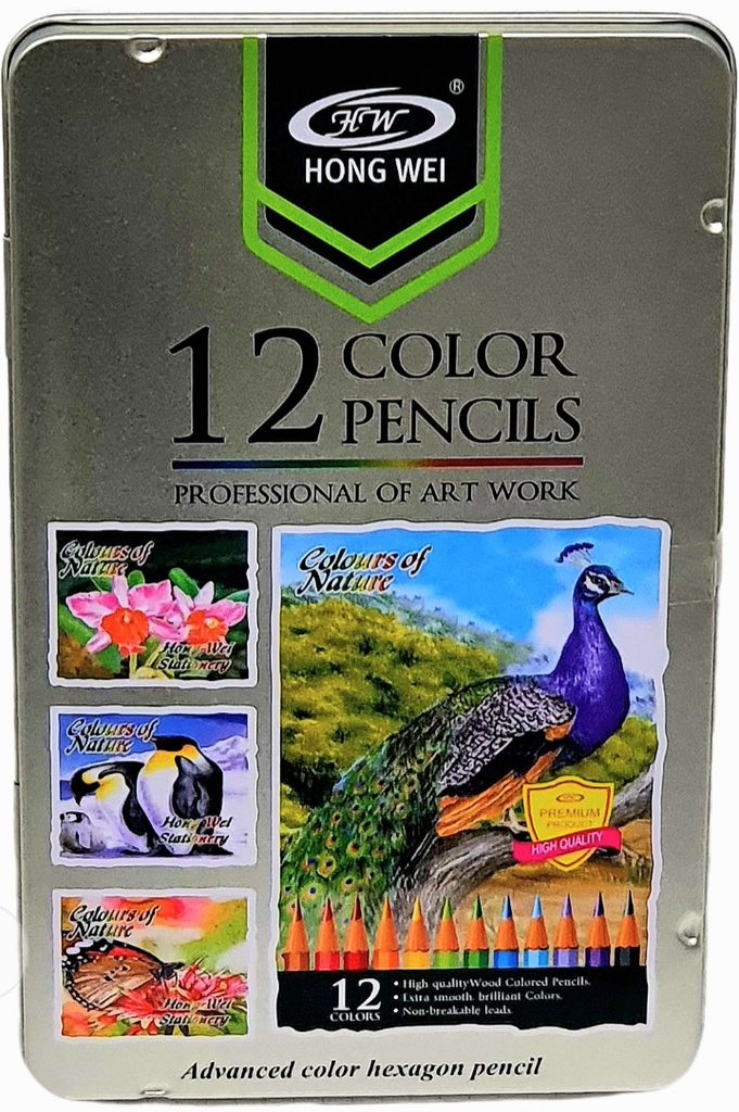 CRAYONS DE COULEUR 12/18 BOITE METAL HONG WEI