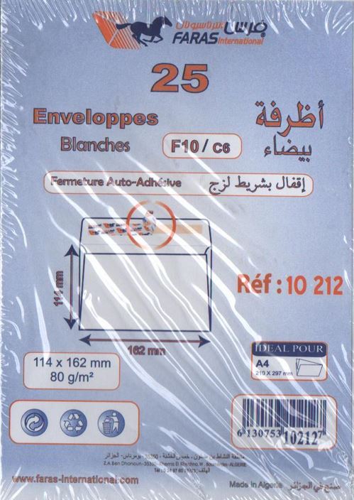 ENVELOPE F10/C6 FARAS 11.4x16.2CM 80 G +WHITE +ADH -FEN X25