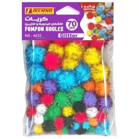 POMPON BOULES COULEURS GLITTER 70PCS TECHNO