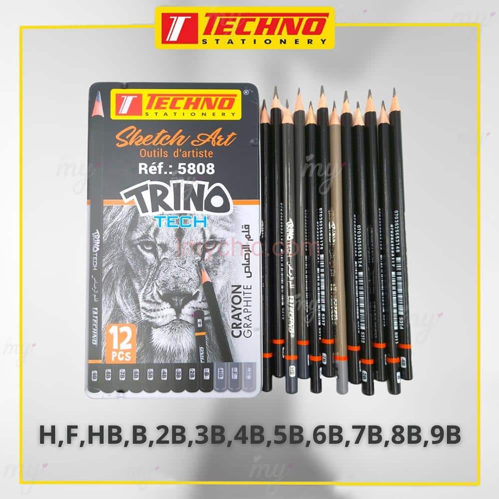 GRAPHITE PENCILS 12PCS H,F,HB,B,2B,3B,4B,5B,6B,7B,8B,9B TECHNO TRINO TECH