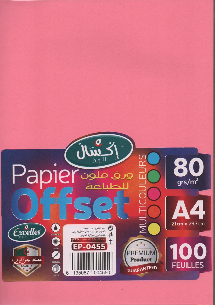 RAME DE PAPIER OFFSET A4 80G 100F 5 COULEURS EXCELLES