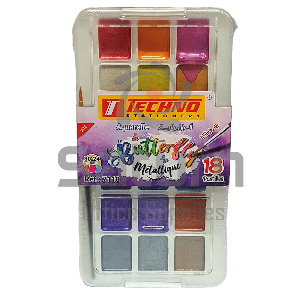 PEINTURE AQUARELLE EN PALETTE 18 COULEURS + PINCEAU TECHNO BUBBLES METALLIQUE