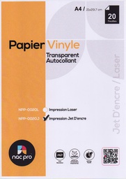 PAPIER VINYLE TRANSPARENT AUTOCOLLANT A4 20F NAC PRO