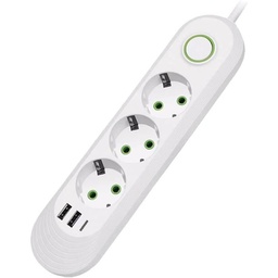 شريط طاقة ثلاثي المقابس + 2 منفذ USB A + 1 منفذ USB C بطول 1.5 متر مع مفتاح