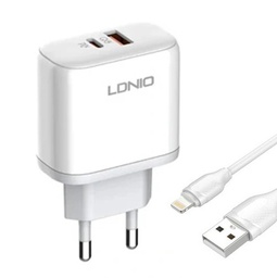 [A2526C] شاحن USB A بقوة 45 وات + USB C + كابل iPhone بطول 1 متر من LDNIO