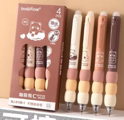 COFFEE Erasable Press Ballpoint Pen, Soft Cloud Grip, ST Tip, Quick Dry, for Student, 0.5mm Black Ink, Office Accessories, 4pcs/box