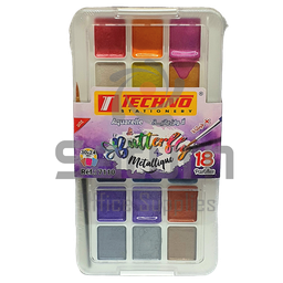 [7110] PEINTURE AQUARELLE EN PALETTE 18 COULEURS + PINCEAU TECHNO BUBBLES METALLIQUE